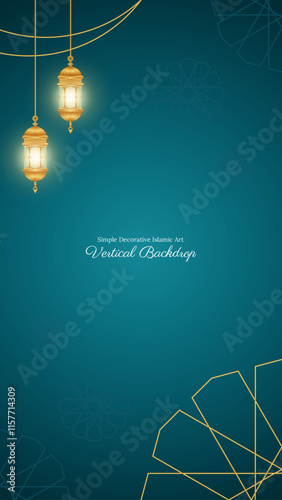 Simple Elegant Islamic Vertical Backdrop Decorated with Golden Lanterns And Rosette on Teal Background Accent