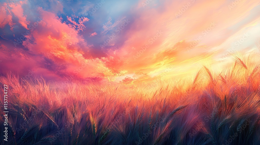 A wheat field beneath a striking sunset, with gentle clouds and warm, vibrant tones. A wheat field beneath a striking sunset, with gentle clouds and warm, vibrant tones.