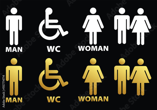 Vector weight and golden men's and women's disabled restroom signage set