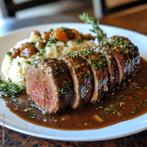 Succulent beef tenderloin served with creamy mashed potatoes and rich gravy, garnished with fresh herbs. delightful dish perfect for any gourmet meal