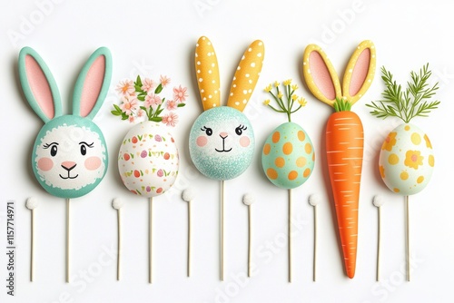 Colorful Easter eggs decorated with bunny ears and carrots, perfect for spring or holiday themes photo