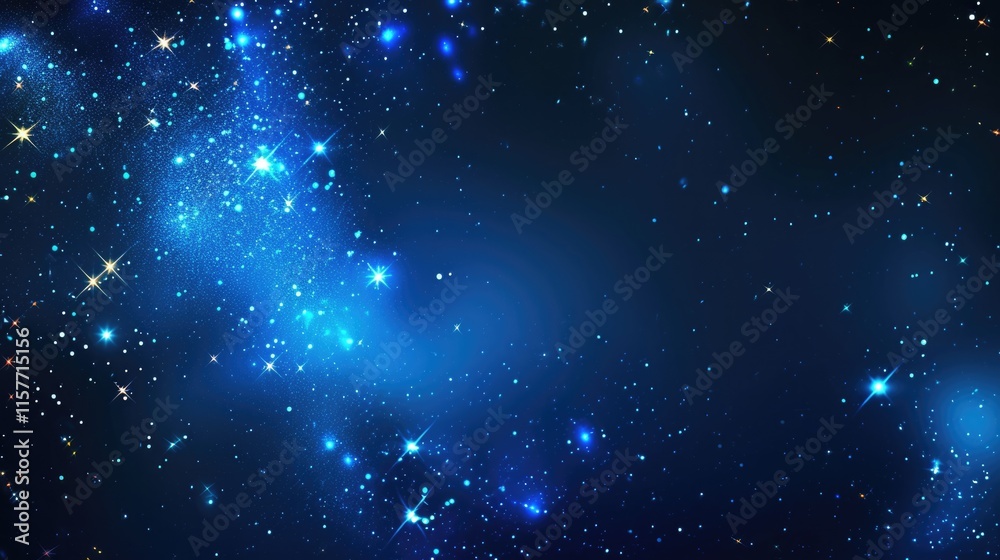 Naklejka premium Starry Sky Celebration: Glowing Blue Background with Sparkling Stars and Glare