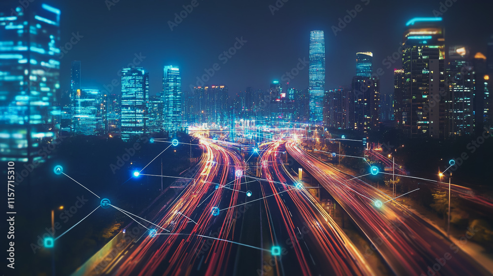 Smart digital Innovation city with connection network reciprocity over the cityscape. of future smart wireless digital city and social media networking systems that connects people with in city Smart digital Innovation city with connection network reciprocity over the cityscape. of future smart wireless digital city and social media networking systems that connects people with in city