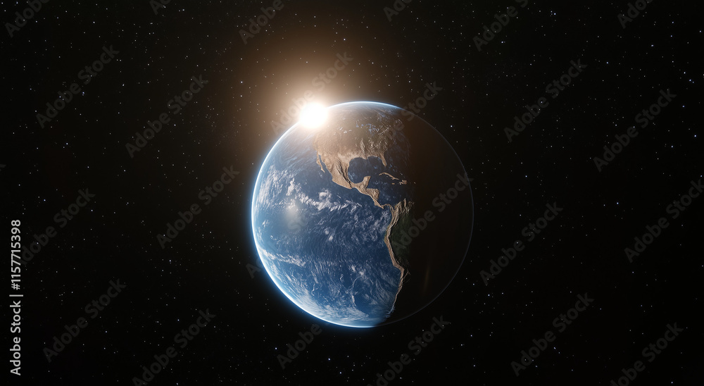 Obraz premium A stunning view of Earth from space, with the sun rising over the horizon. A dramatic celestial scene featuring stars and the beauty of our planet.