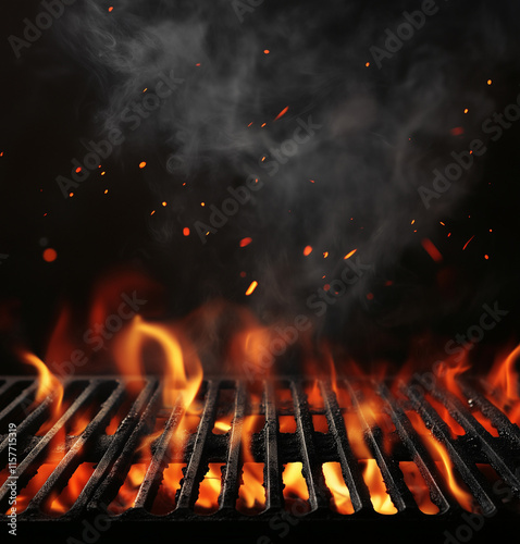 Close-up of a barbecue grill with intense flames and flying sparks. A perfect representation of outdoor cooking and summer gatherings.