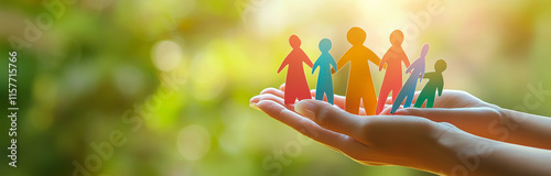 Close-up of hands holding colorful paper people silhouettes, symbolizing unity, family, diversity, and teamwork in nature. Perfect for social or environmental themes.