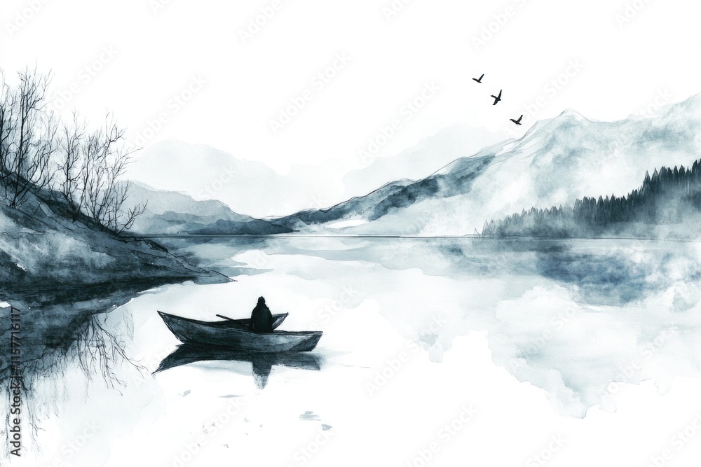 Fototapeta premium A person relaxing on a calm lake surrounded by nature