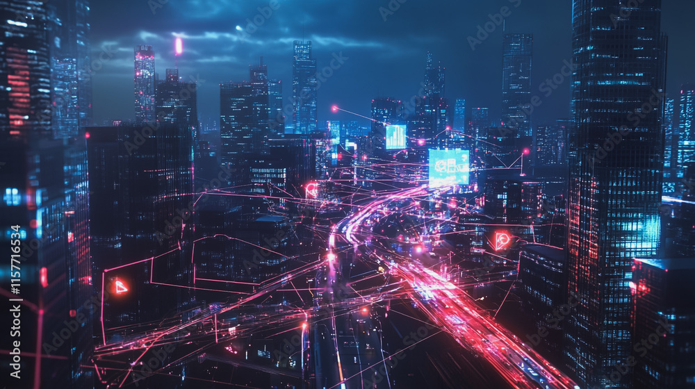 Smart digital Innovation city with connection network reciprocity over the cityscape. of future smart wireless digital city and social media networking systems that connects people with in city Smart digital Innovation city with connection network reciprocity over the cityscape. of future smart wireless digital city and social media networking systems that connects people with in city