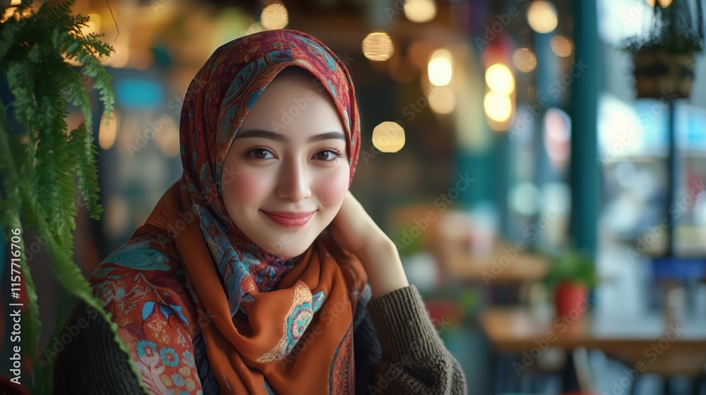 Asian woman wearing hijab sitting in a cozy cafe with a warm smile on her face with her hand resting on her cheek with a colorful hijab Asian woman wearing hijab sitting in a cozy cafe with a warm smile on her face with her hand resting on her cheek with a colorful hijab