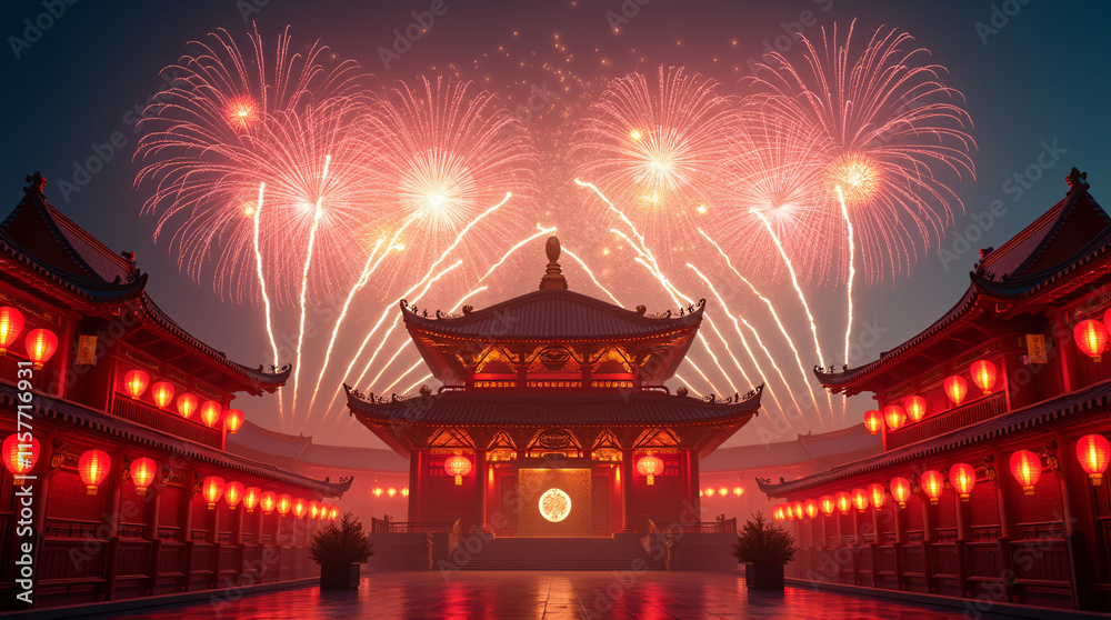 Fototapeta premium Traditional Asian temple illuminated by red lanterns and fireworks for Chinese New Year