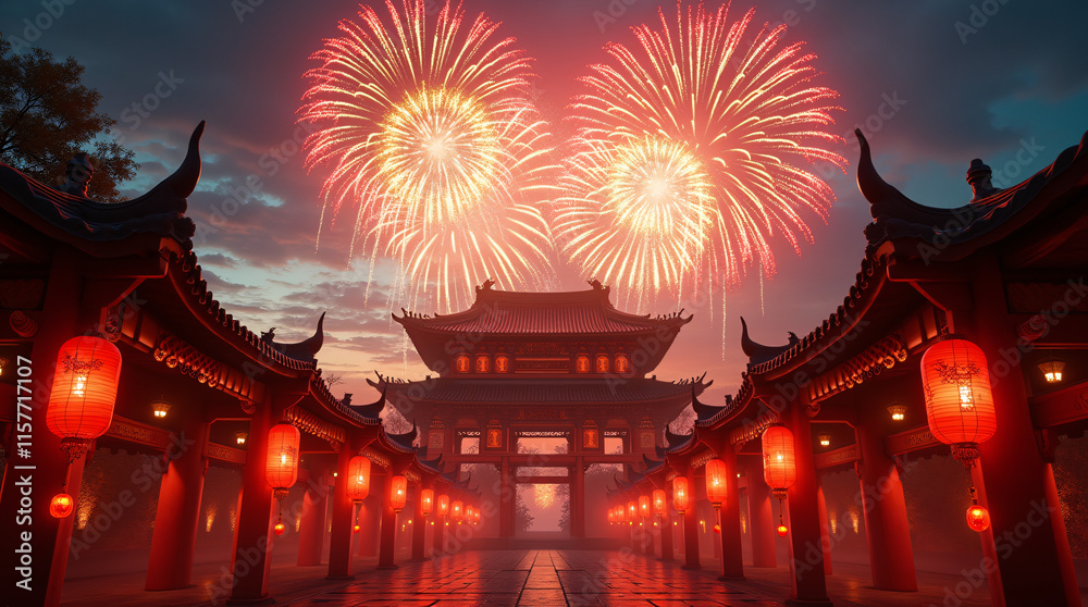 Traditional Asian temple illuminated by red lanterns and fireworks for Chinese New Year Traditional Asian temple illuminated by red lanterns and fireworks for Chinese New Year