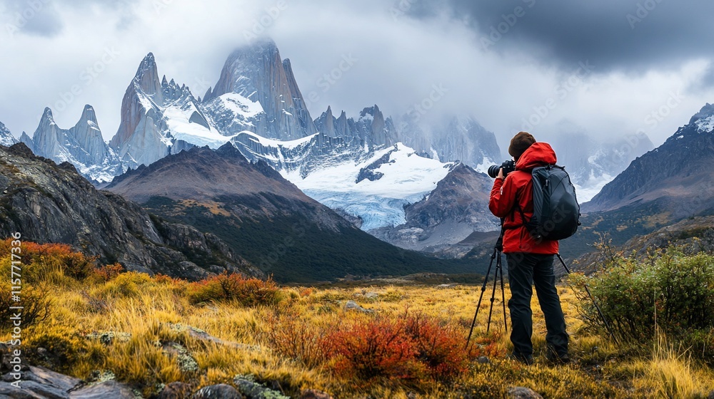A photographer captures a stunning mountain landscape under dramatic skies.