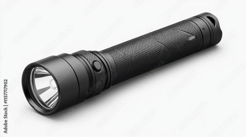 Powerful black LED flashlight isolated on white background. Powerful black LED flashlight isolated on white background.