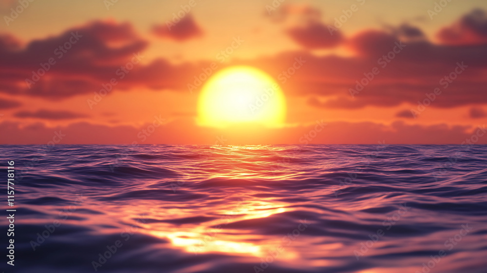 Fototapeta premium Stunning Wide Shot Photo: Vibrant Sunset Gently Descending Over Calm Ocean Waters. AI Generated