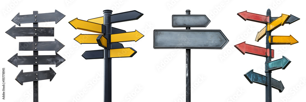 Set collection of rustic metal steel arrow point direction street sign signpost signage on transparent background cutout PNG file. Many different assorted style. Mockup template for design