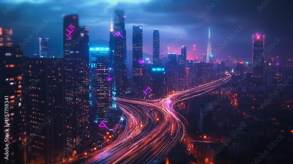 Fototapeta premium Smart digital Innovation city with connection network reciprocity over the cityscape. of future smart wireless digital city and social media networking systems that connects people with in city