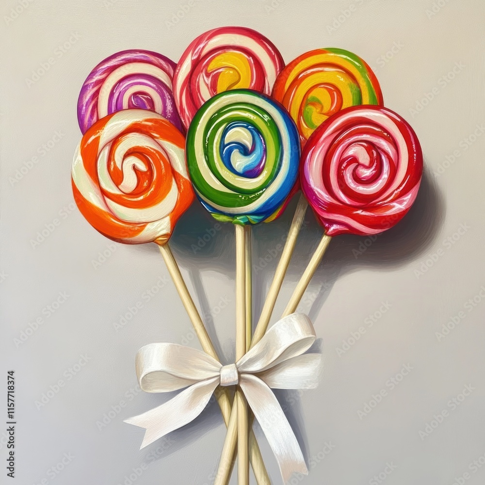 Colorful swirl lollipops tied with a white ribbon. Colorful swirl lollipops tied with a white ribbon.