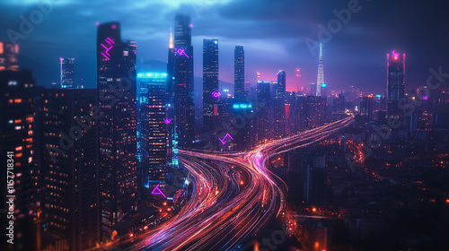 Smart digital Innovation city with connection network reciprocity over the cityscape. of future smart wireless digital city and social media networking systems that connects people with in city