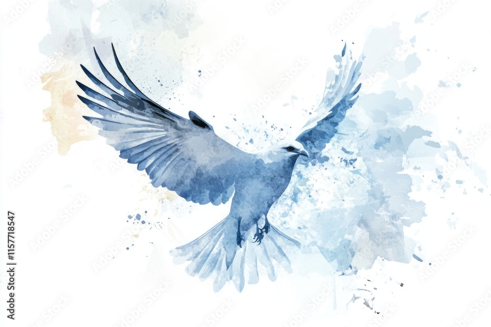 Fototapeta premium A colorful illustration of a bird in flight, with blue skies and fluffy white clouds