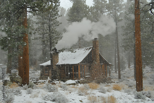 A warm village hut in a snowy forest, smoke billowing from the chimney, surrounded by tall pine trees. Perfect for holiday or winter projects photo