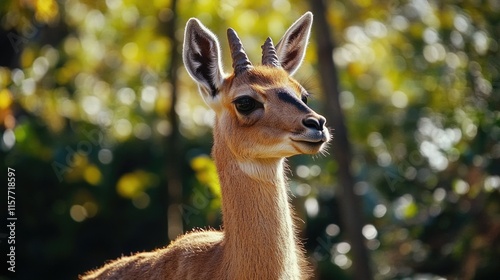 A detailed view of a deer's head with surrounding trees, great for wildlife or nature themes photo