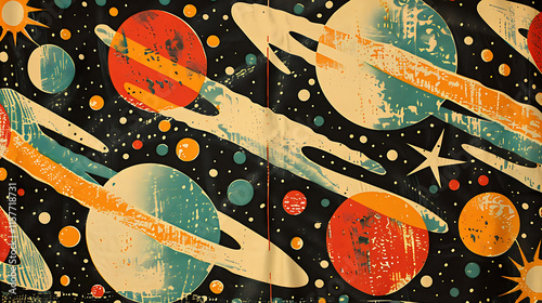 1930s martian pattern print on barkcloth fabric background, a vintage retro textile design with alien and outer space themes, ideal for decorative purposes, a stock photo

