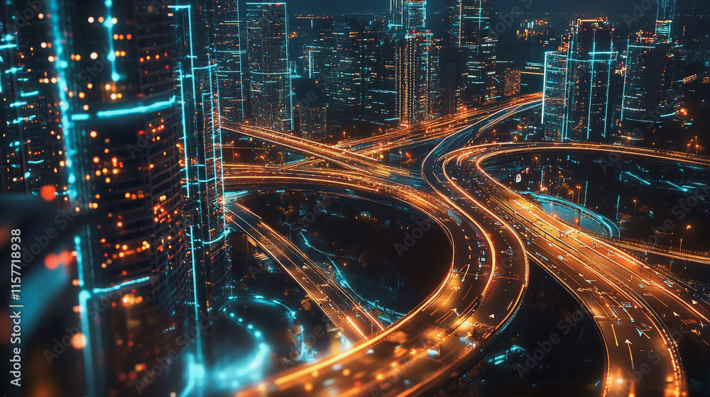 Naklejka premium Smart digital Innovation city with connection network reciprocity over the cityscape. of future smart wireless digital city and social media networking systems that connects people with in city