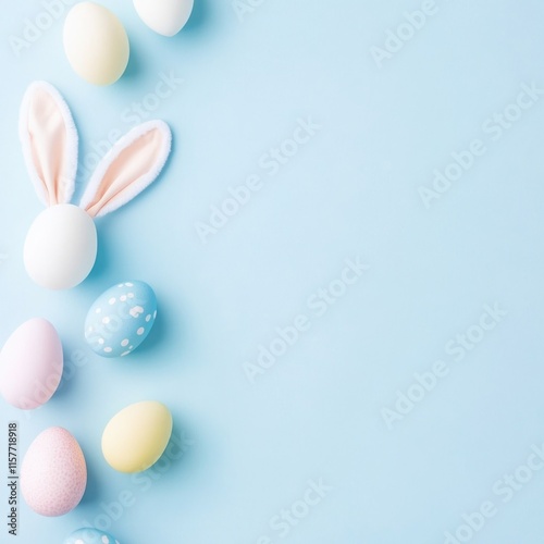 Colorful Easter egg set with bunny ear details against a bright blue background, perfect for spring or Easter-themed designs