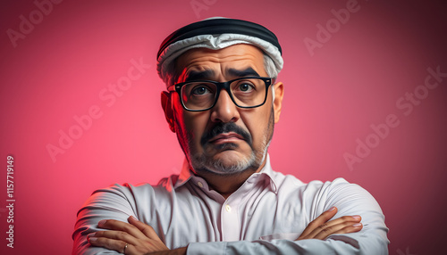 Middle age arab man wearing glasses over isolated background skeptic and nervous, disapproving expression on face with crossed arms. Negative person, Colored gel lighting. isolated with white highli