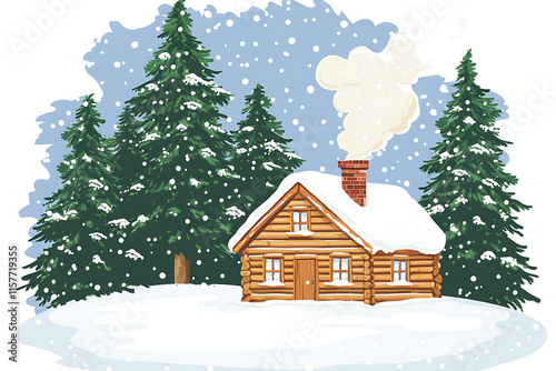 A warm village hut in a snowy forest, smoke billowing from the chimney, surrounded by tall pine trees. Perfect for holiday or winter projects photo