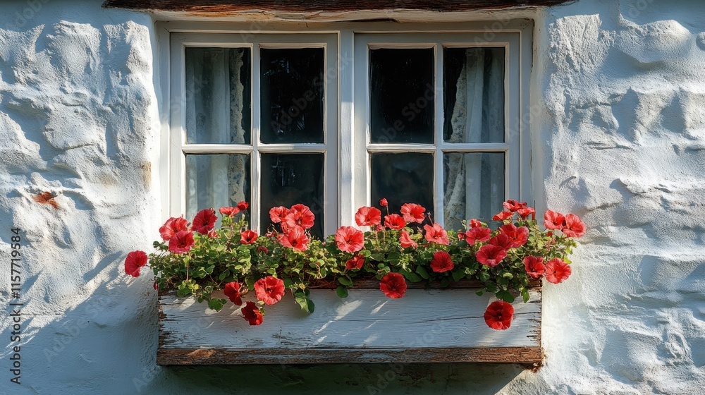Fototapeta premium Red flowers in window box on rustic stone cottage wall.
