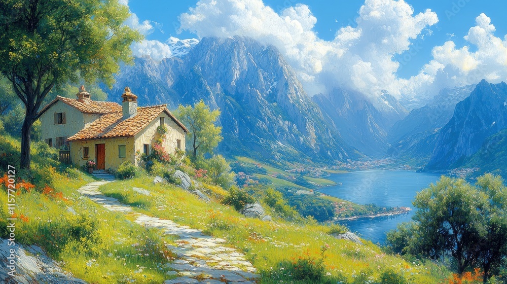 Picturesque mountain lake house landscape. Picturesque mountain lake house landscape.