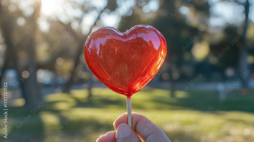 Heart-shaped lollipop held outdoors in sunny park