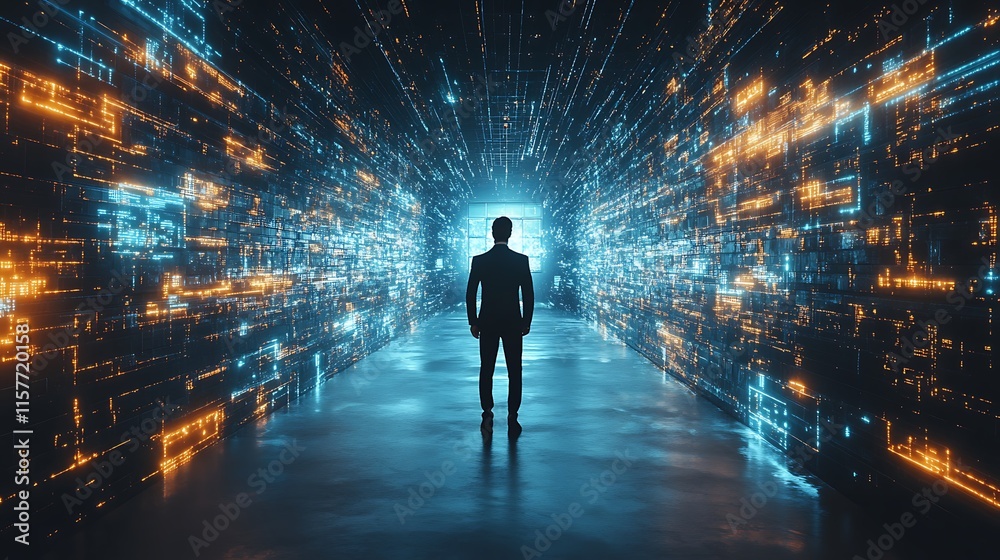 Stunning 3D Render: Man Confidently Navigating a Futuristic Digital Corridor. AI Generated Stunning 3D Render: Man Confidently Navigating a Futuristic Digital Corridor. AI Generated