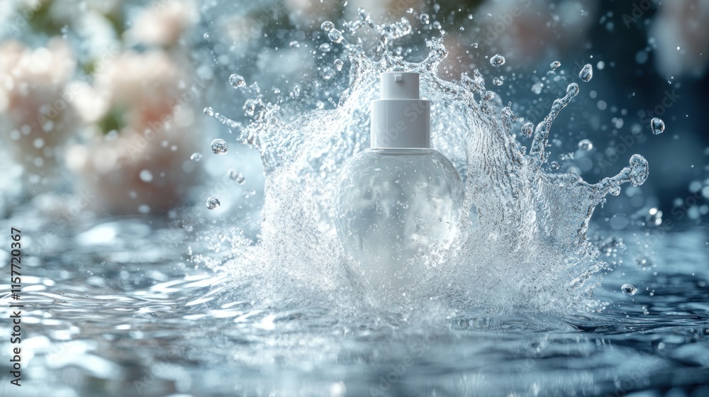 A spray bottle creating a splash in water, surrounded by soft floral elements. A spray bottle creating a splash in water, surrounded by soft floral elements.