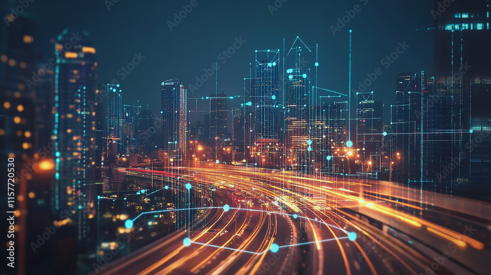 Fototapeta premium Smart digital Innovation city with connection network reciprocity over the cityscape. of future smart wireless digital city and social media networking systems that connects people with in city