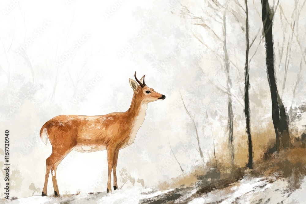 A deer stands alone in the snow, one informative phrase about what pictured on image and a one phrase with a short advice of where may be used this picture A deer stands alone in the snow, one informative phrase about what pictured on image and a one phrase with a short advice of where may be used this picture