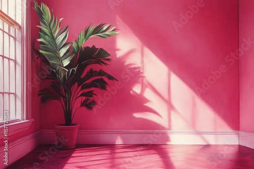 Elegant indoor plant against vibrant pink wall with natural light streaming in