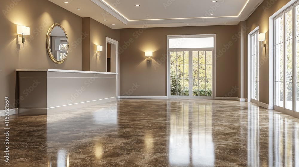 Spacious reception area with polished floor and natural light. Spacious reception area with polished floor and natural light.