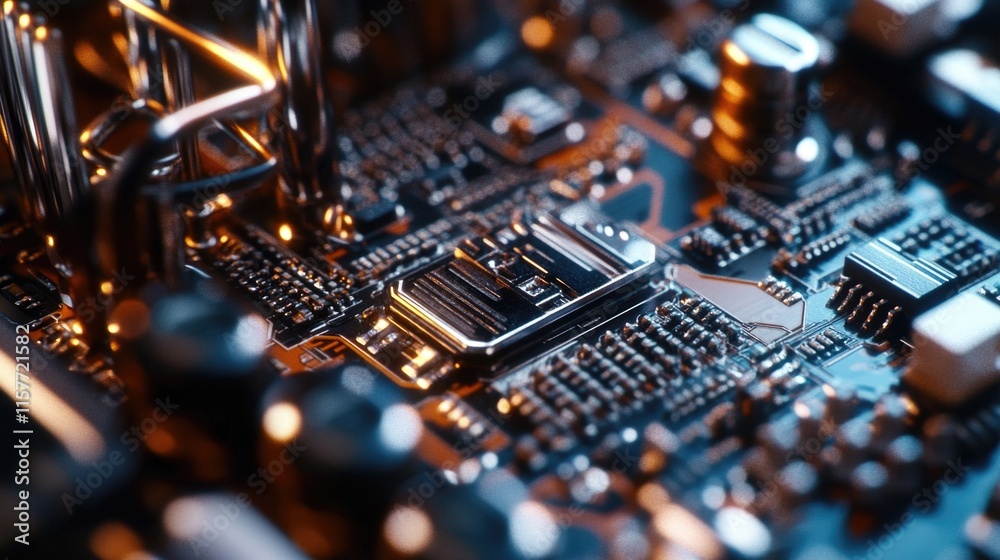 A detailed view of a computer motherboard, ideal for tech-related projects or illustrations A detailed view of a computer motherboard, ideal for tech-related projects or illustrations