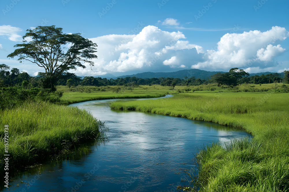 Tranquil River Meandering Through Endless Green Fields on a Bright Sunny Day Tranquil River Meandering Through Endless Green Fields on a Bright Sunny Day