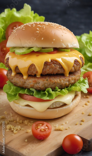 Burger with flat flat flatbread and golden crust on glossy background. photo