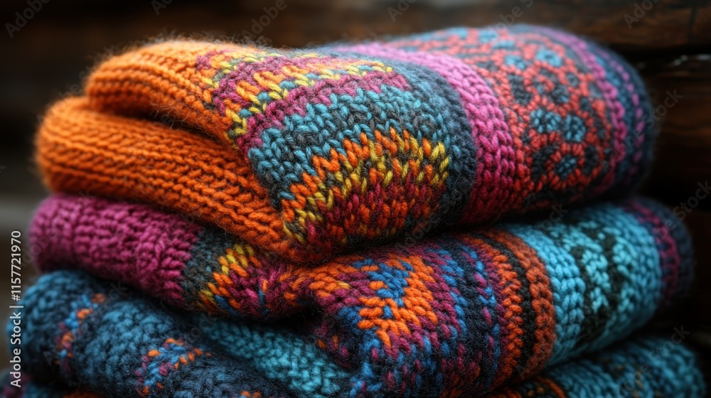 A stack of colorful knitted blankets showcasing intricate patterns and textures. A stack of colorful knitted blankets showcasing intricate patterns and textures.