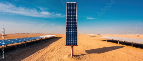 Promoting Equal Access to Digital Communication Tools showcasing a solar-powered telecommunication tower in a remote desert, surrounded by clean and minimal structures.