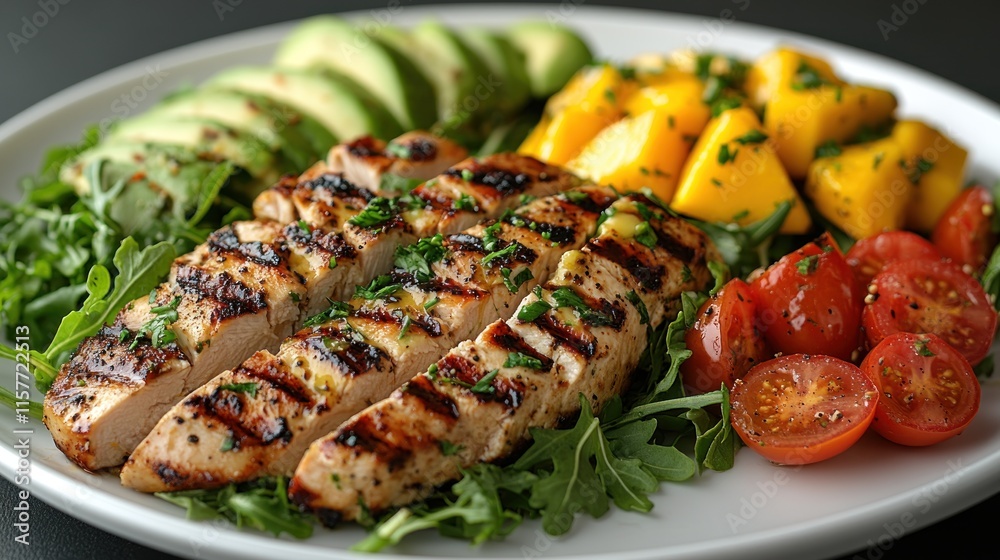 Grilled chicken breast salad with mango, avocado, and cherry tomatoes. Grilled chicken breast salad with mango, avocado, and cherry tomatoes.