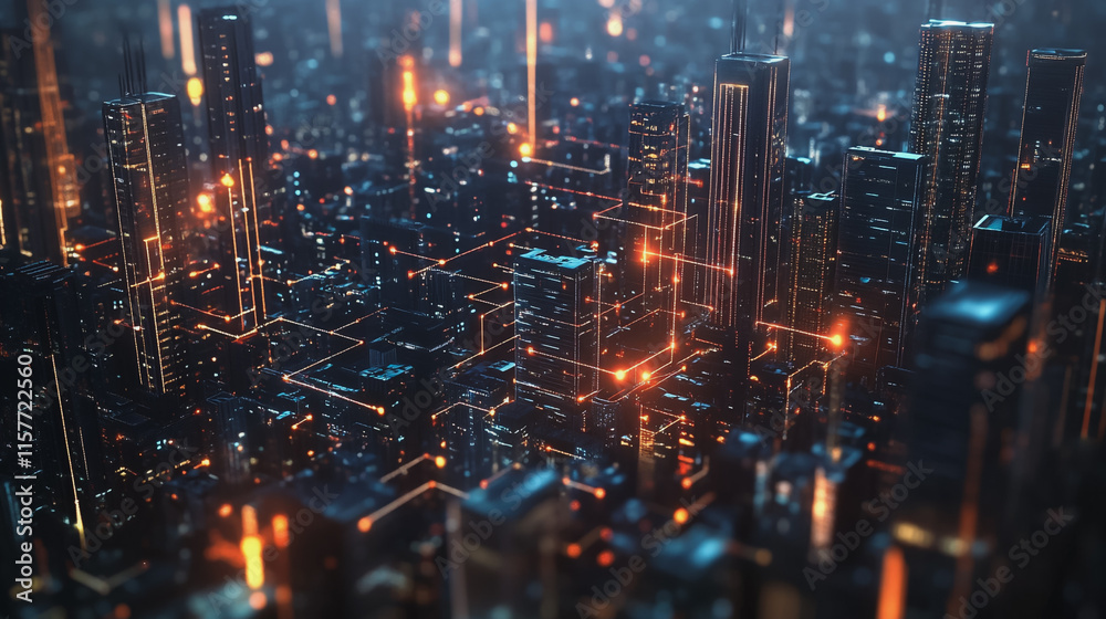 Fototapeta premium Smart digital Innovation city with connection network reciprocity over the cityscape. of future smart wireless digital city and social media networking systems that connects people with in city