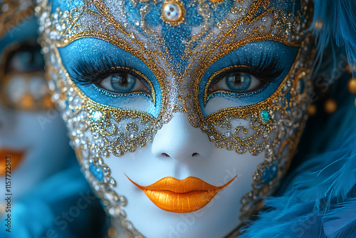 intricately designed carnival masks with glitter, feathers, and bright colors, symbolizing festive traditions and elegance photo