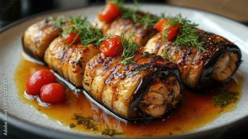 Grilled eggplant rolls with chicken and cherry tomatoes in a savory sauce. Grilled eggplant rolls with chicken and cherry tomatoes in a savory sauce.