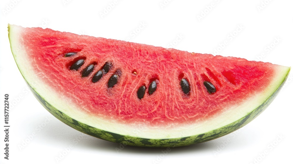 A juicy slice of watermelon with visible seeds, isolated on a white background. A juicy slice of watermelon with visible seeds, isolated on a white background.