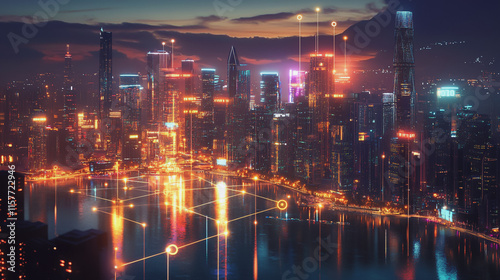 Wallpaper Mural Smart digital Innovation city with connection network reciprocity over the cityscape. of future smart wireless digital city and social media networking systems that connects people with in city Torontodigital.ca